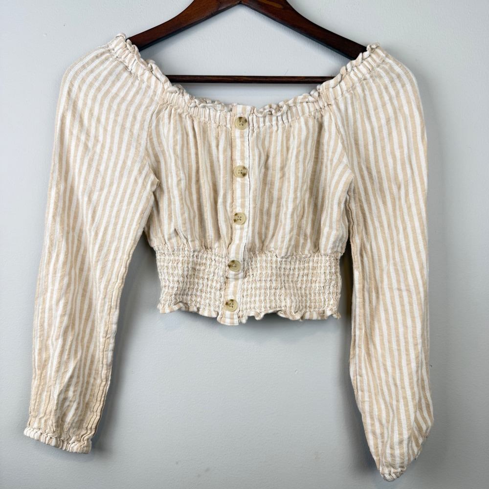Aeropostale Womans Crop Top Small Striped‎ Smocked Waist Boho Festival Peasant